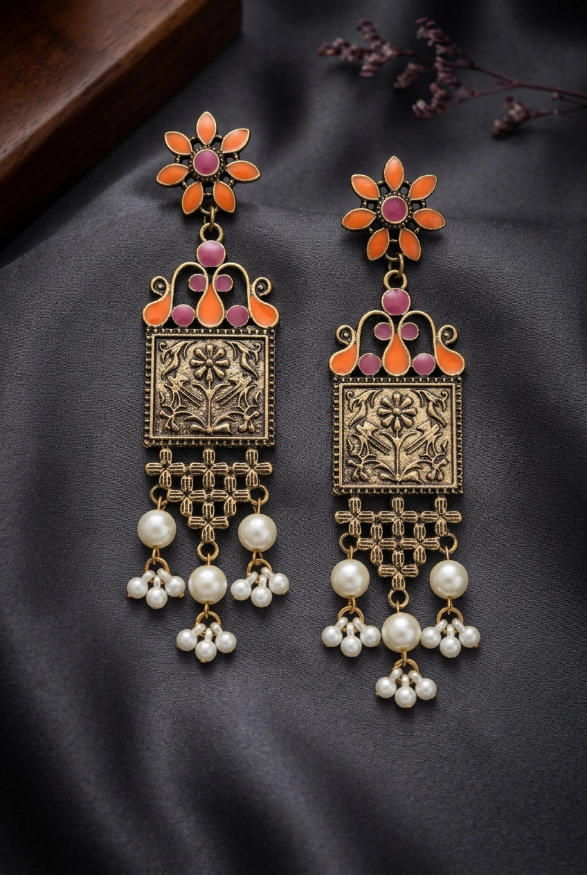 Floral Antique-Finish Dangler Earrings with Enamel & Pearl Bead Drops (Teal Blue/Navy or Orange/Pink) - Orange & Pink