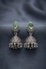 Oxidized Silver-Tone Jhumka Earrings with Round Stone & Leaf Connector, Gungroo Tassels - Pastel Green