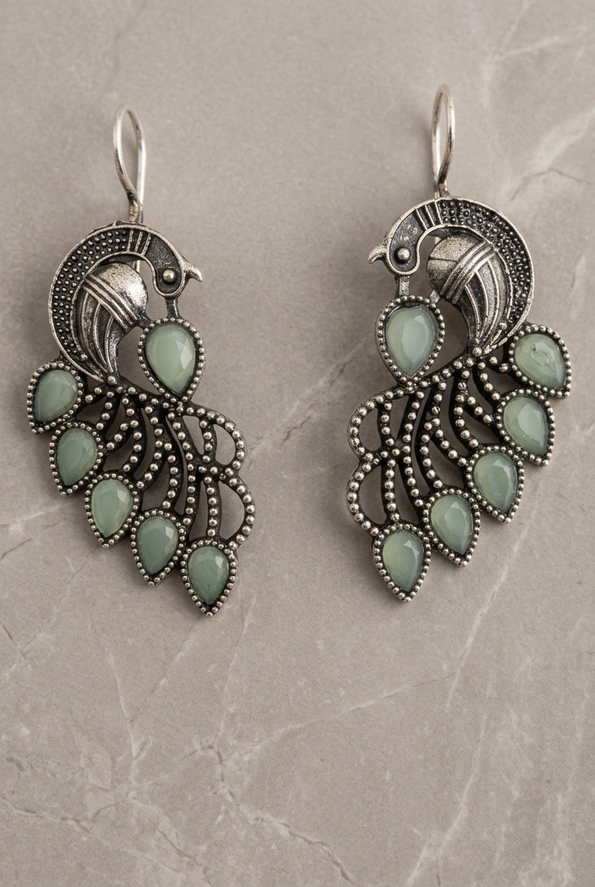 Oxidized Peacock Feather Drop Earrings in Silver-Tone with Peach/Green/Yellow Stones - Pastel Green