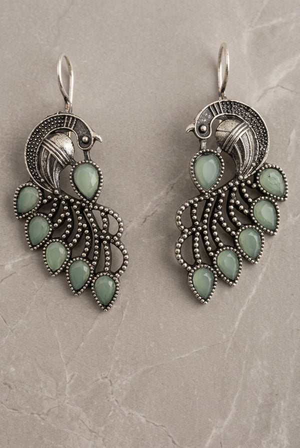 Oxidized Peacock Feather Drop Earrings in Silver-Tone with Peach/Green/Yellow Stones - Pastel Green