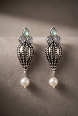 Antique Oxidized Silver Teardrop Jhumka Earrings with Pearls & Crystal Stones (1 Pair) - Green, Pastel green