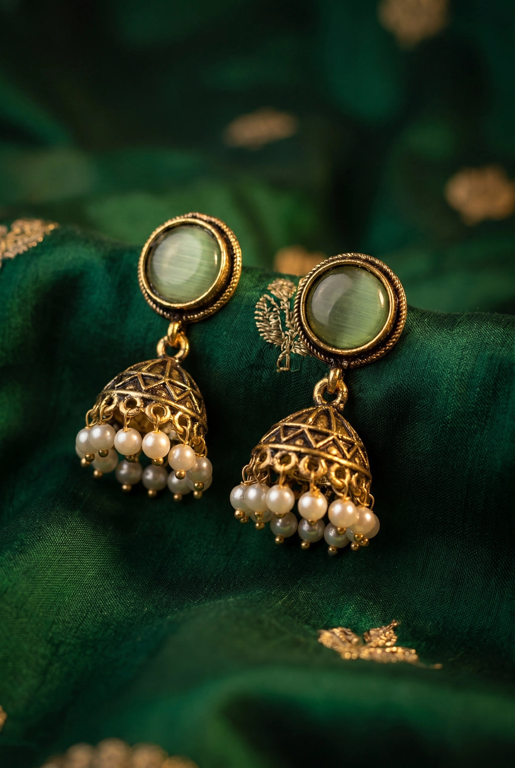 Antique Gold-Tone Jhumka Earrings with White Pearl Drops & Round Stone Stud in Royal/Sea/Pastel Green/Black - Pastel green
