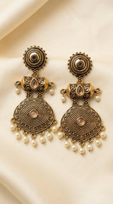 Antique Gold-Tone Circular Stud & Pearl Drop Statement Earrings for Festive Ethnic Wear - Peach