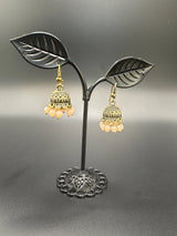 Gold-Tone Traditional Jhumka Earrings with Beaded Drops Jewelry JCS Fashions Peach 1 inch
