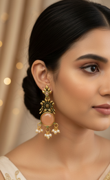 Gold-Tone Floral Chandbali Earrings with Round Stone & Pearl Drops