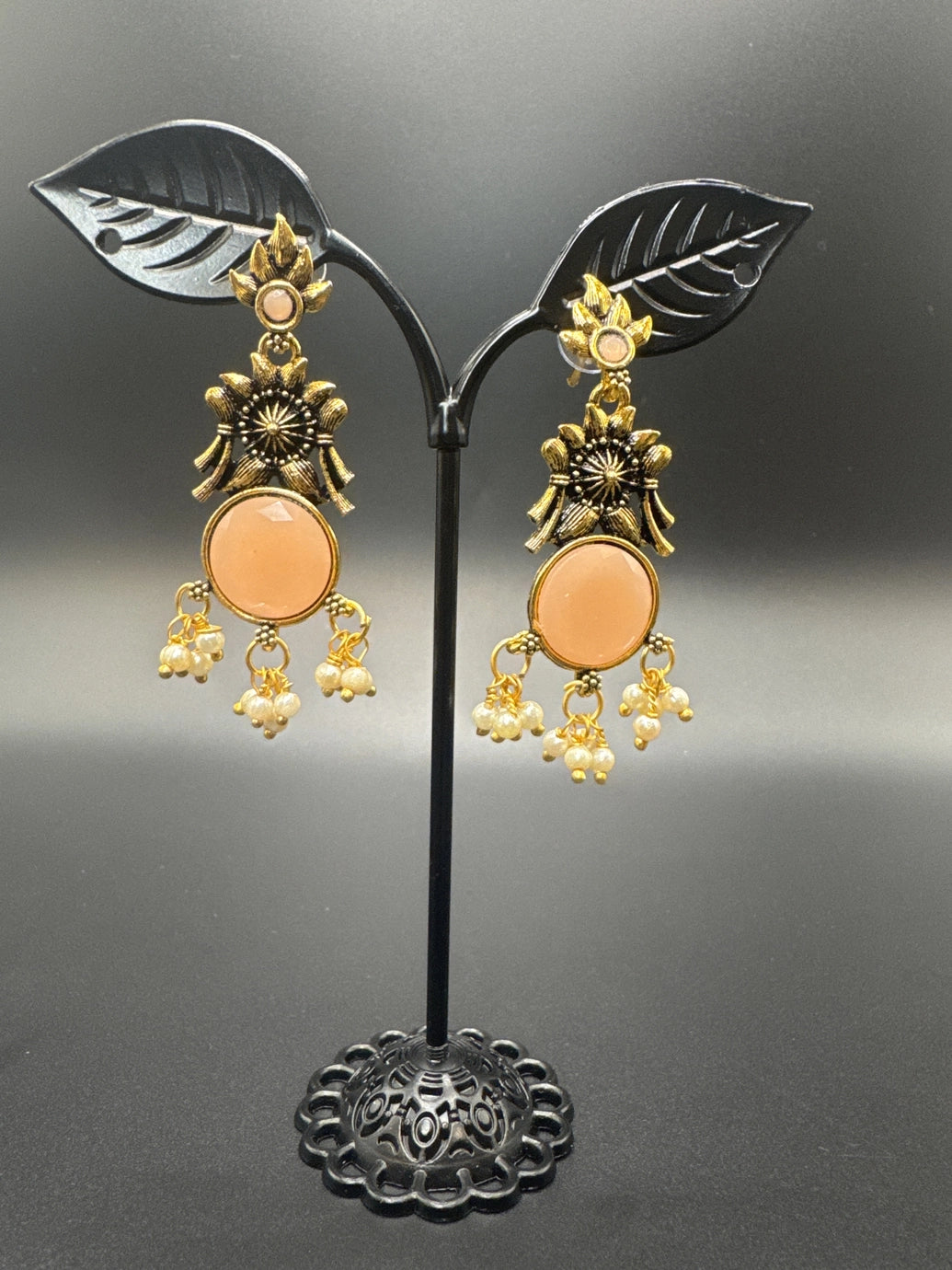Gold-Tone Floral Chandbali Earrings with Round Stone & Pearl Drops