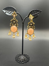 Gold-Tone Floral Chandbali Earrings with Round Stone & Pearl Drops Jewelry JCS Fashions Peach 2 inch