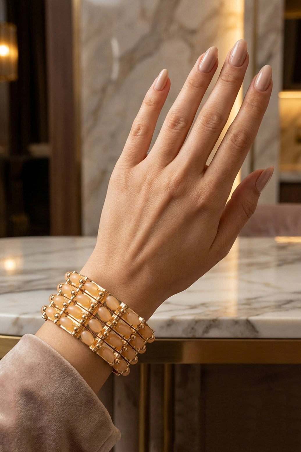 Traditional Gold-Plated Beaded Bangles Set with Stone Work for Festive Wear (Orange/Peach/Black) - Peach