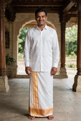 Men White Cotton Dhoti with 2-inch Gold Thread Work Border, 2 Metre Single Veshti - Peach
