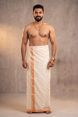 Men Off-White Cotton Dhoti with Woven Check Border and Zari Lines (2 Metre Single Veshti) - Peach