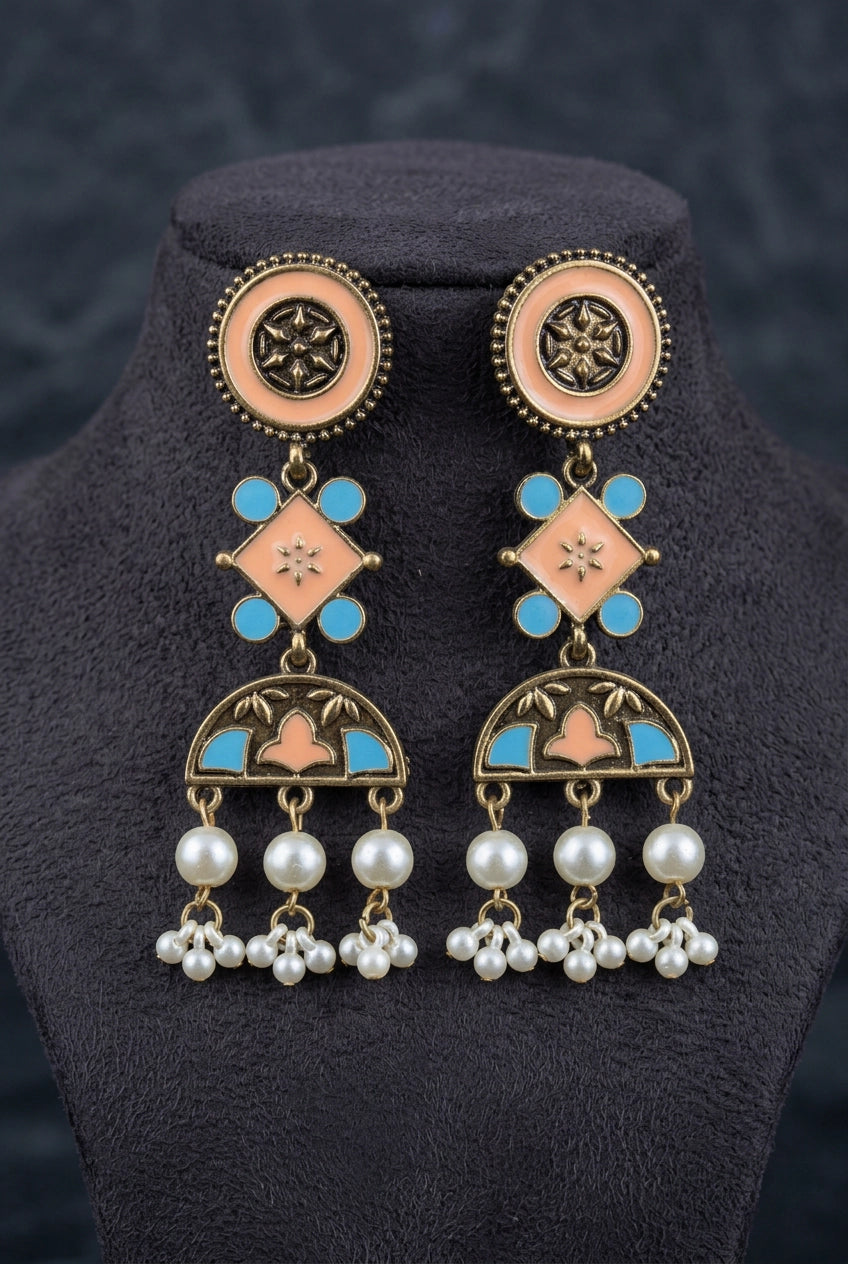 Antique Gold-Tone Ethnic Dangler Earrings with Teal/Mauve Enamel & Pearl Drops, Floral Motifs - Peach & Sky Blue