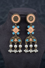 Antique Gold-Tone Ethnic Dangler Earrings with Teal/Mauve Enamel & Pearl Drops, Floral Motifs - Peach & Sky Blue