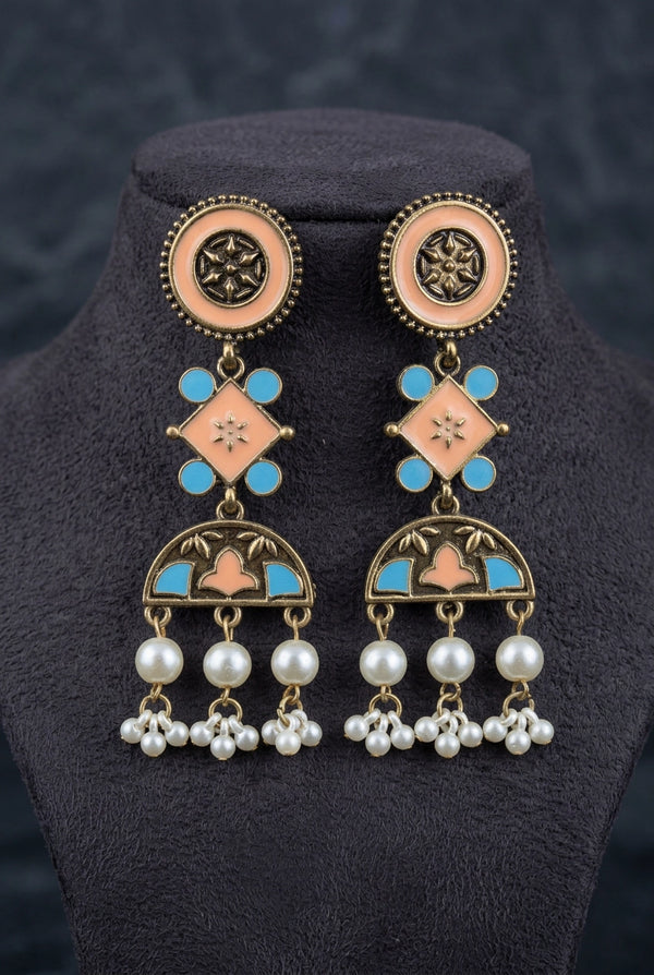 Antique Gold-Tone Ethnic Dangler Earrings with Teal/Mauve Enamel & Pearl Drops, Floral Motifs - Peach & Sky Blue
