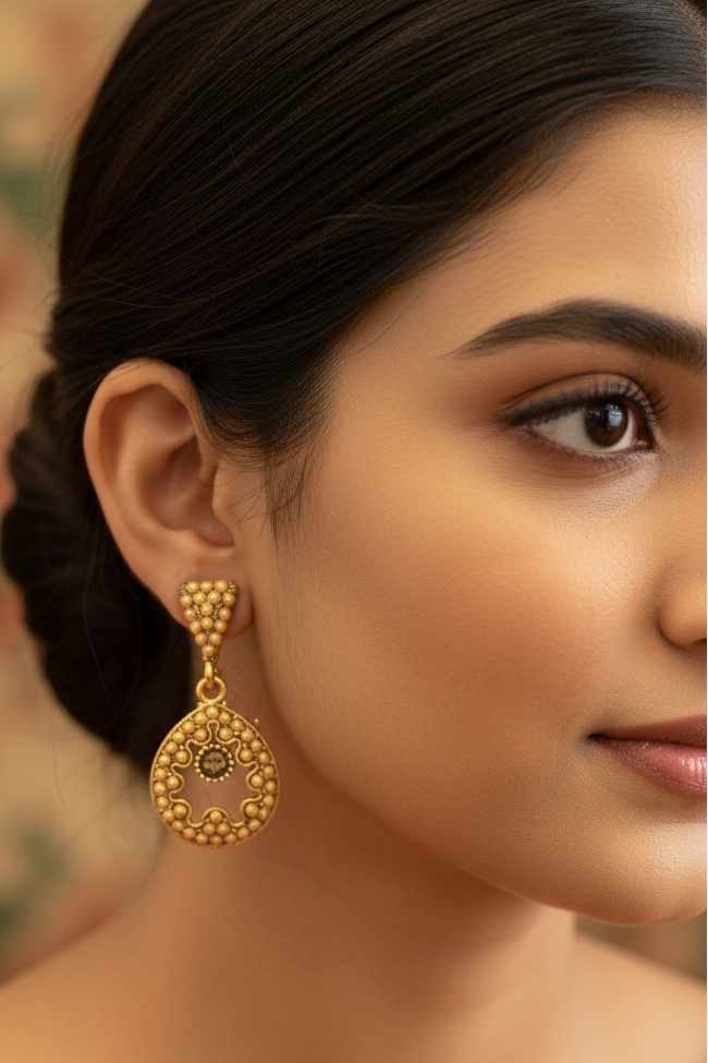 Antique Gold-Tone Circular Drop Earrings with Crystal & Beads