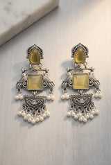 Oxidized Silver Teardrop & Square Stone Statement Earrings with Bird Motifs and Pearl Drops - Peach