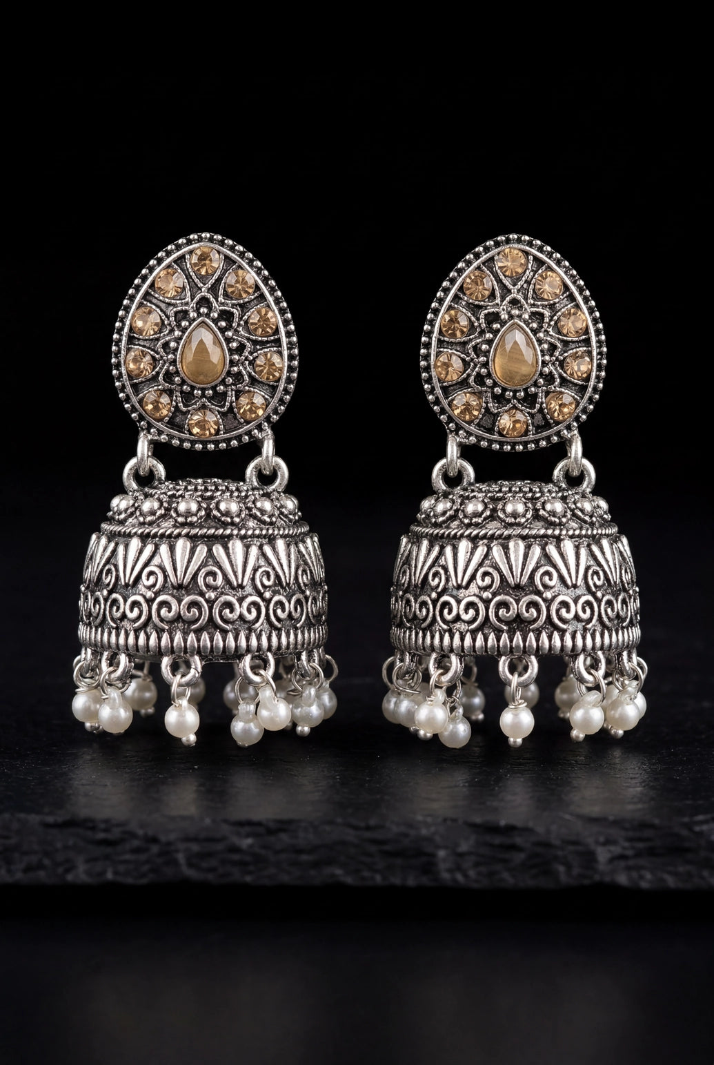 Oxidized Silver Tone Jhumka Earrings with Oval Stud Top & Filigree Teardrop Motif for Women - Peach