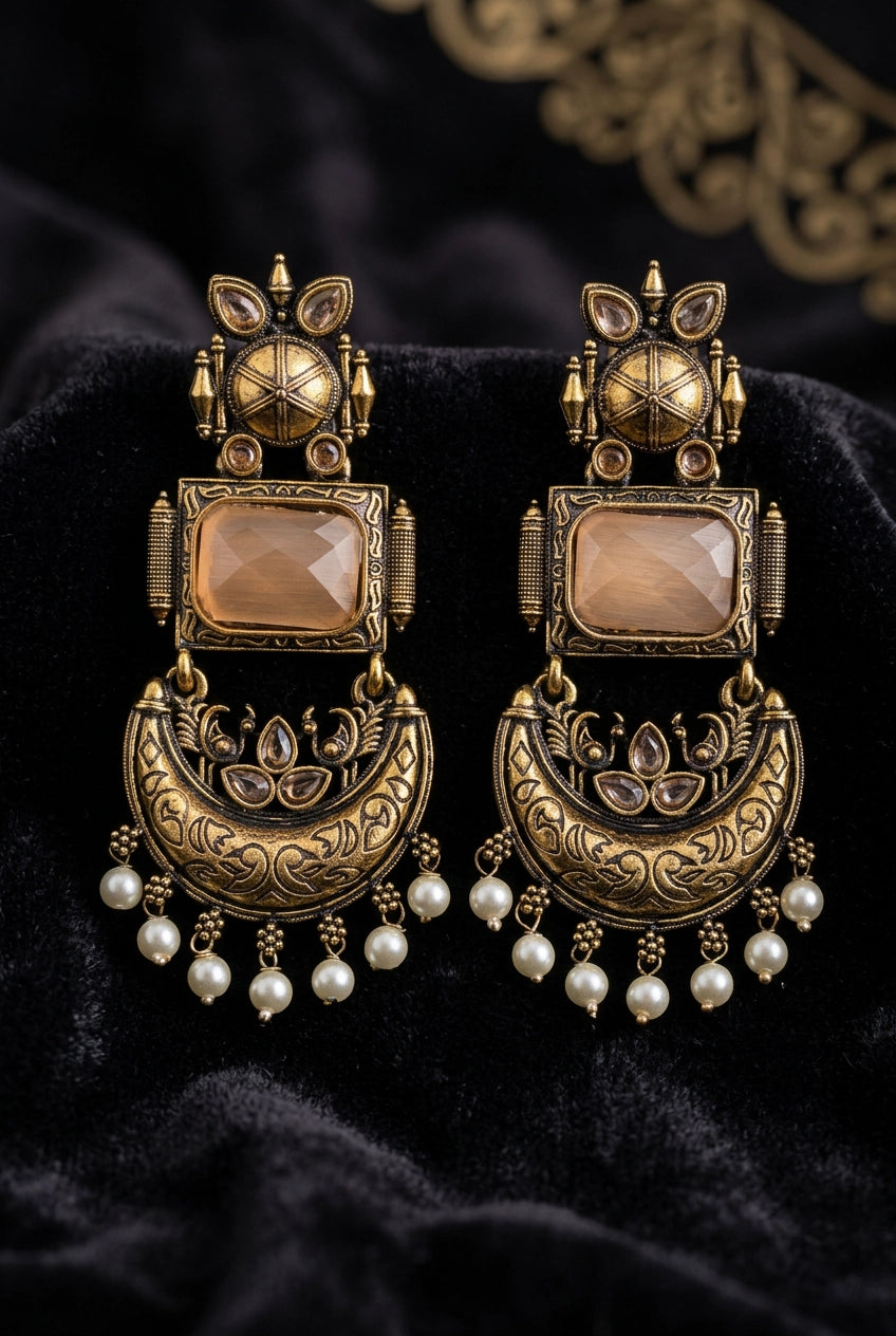 Traditional Antique Gold-Tone Statement Earrings with Pearl Drops and Coloured Stones - Peach