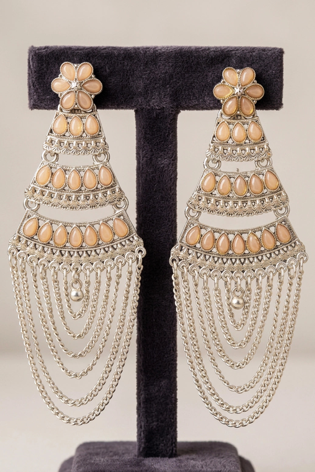 Oxidized Silver Layered Jhumka Earrings with Flower Stud and Stone Work Chain Tassels (Multiple Colours) - Peach