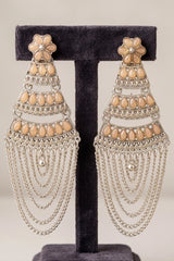 Oxidized Silver Layered Jhumka Earrings with Flower Stud and Stone Work Chain Tassels (Multiple Colours) - Peach
