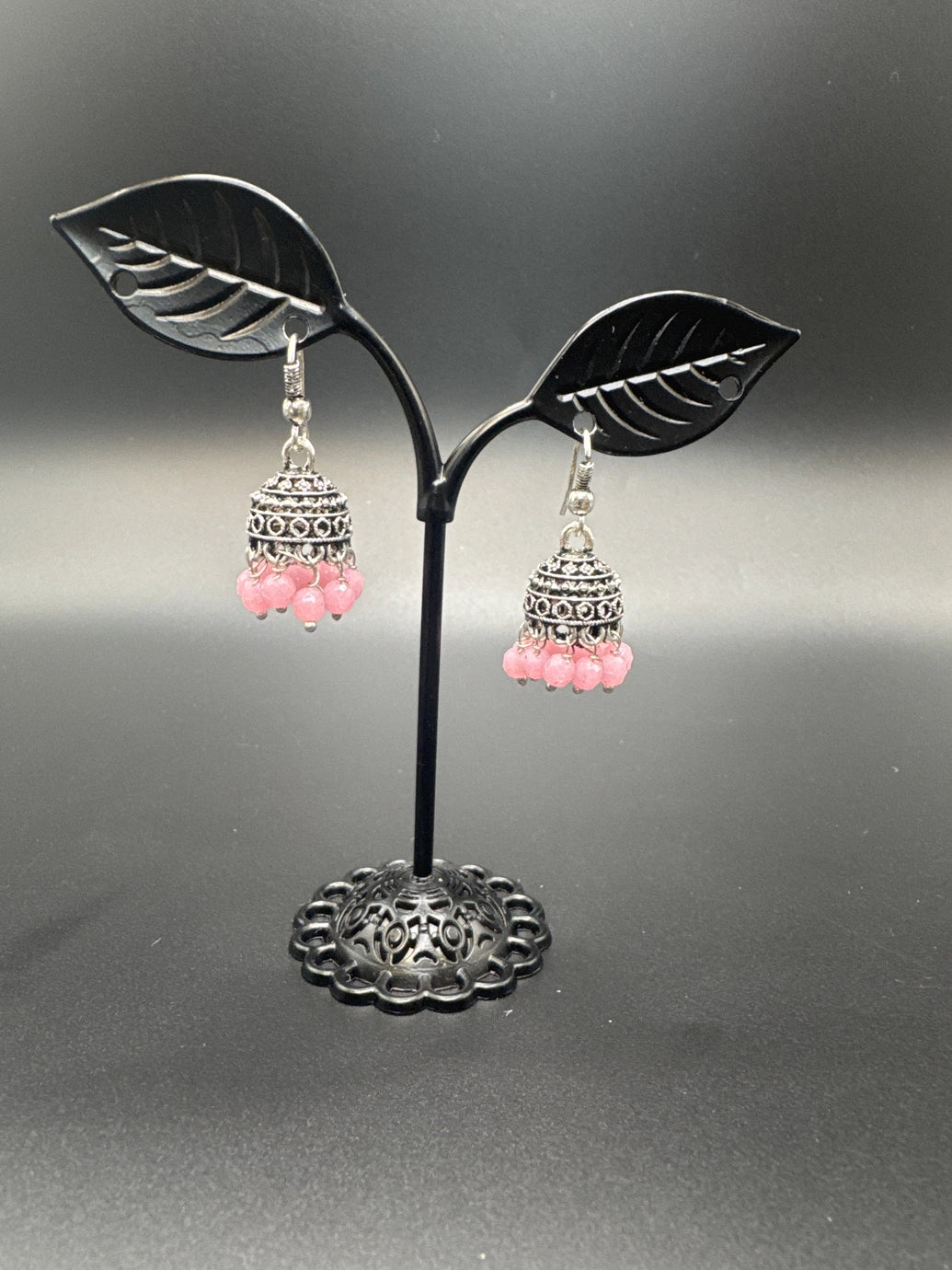 Oxidized Silver Jhumka Earrings with Beads - 1.2 inch Jewelry JCS Fashions Pink 1.2 inch