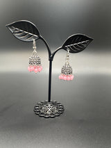 Oxidized Silver Jhumka Earrings with Beads - 1.2 inch Jewelry JCS Fashions Pink 1.2 inch