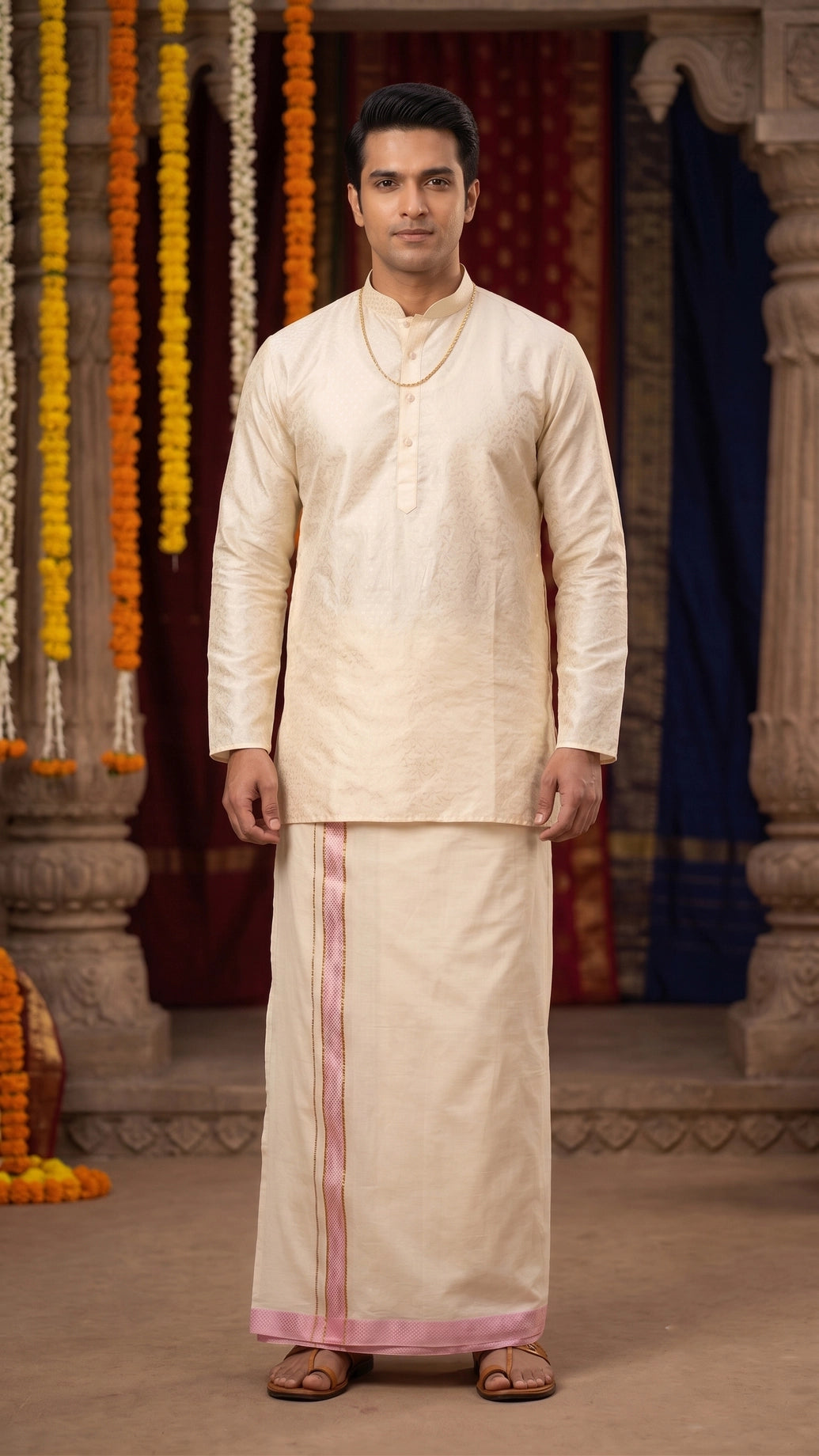 Men Off-White Cotton Dhoti with Woven Check Border and Zari Lines (2 Metre Single Veshti) - Pink