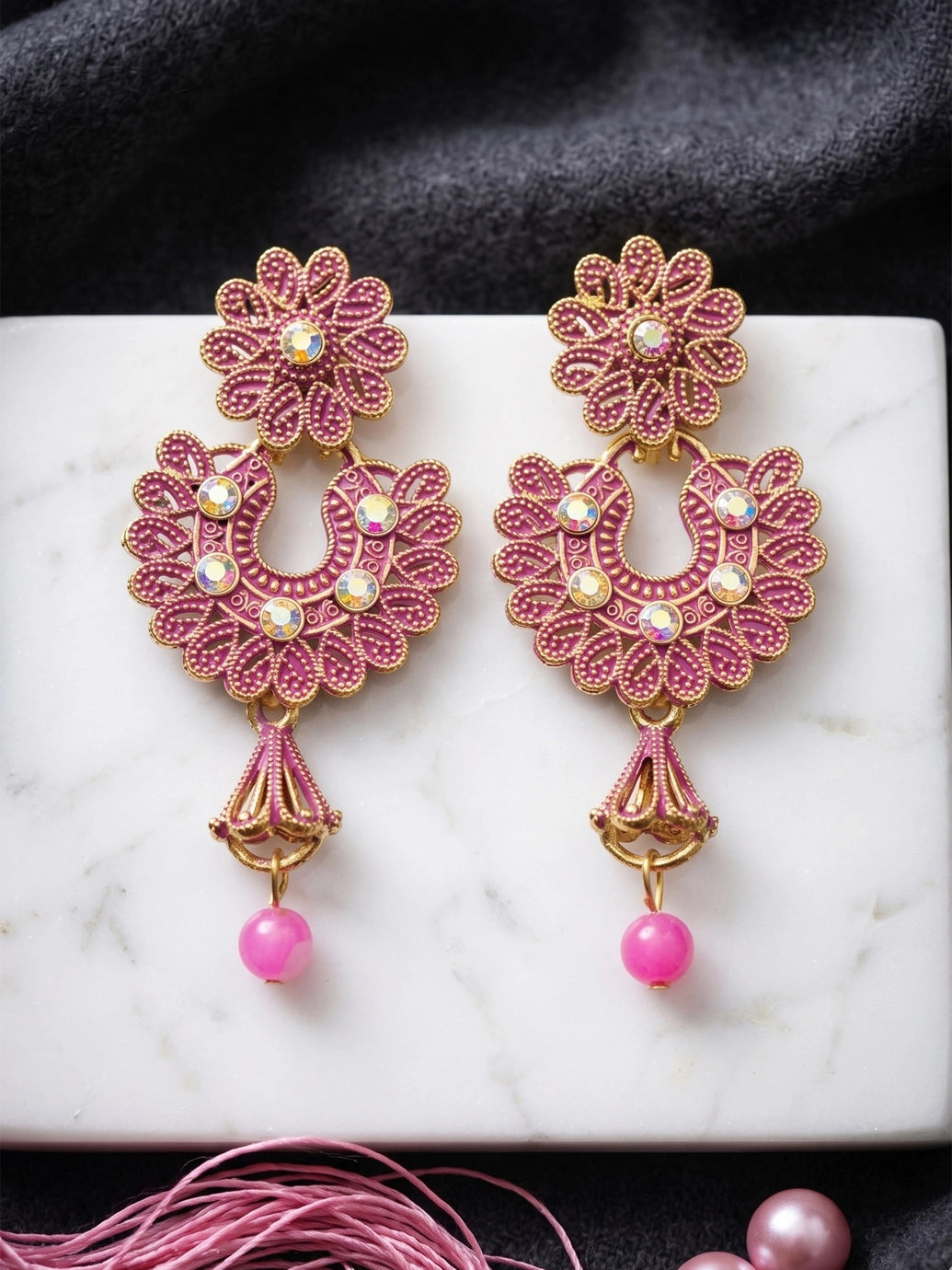 Traditional Floral Drop Earrings with Colorful Stone Stud and Bead Dangles - Pink