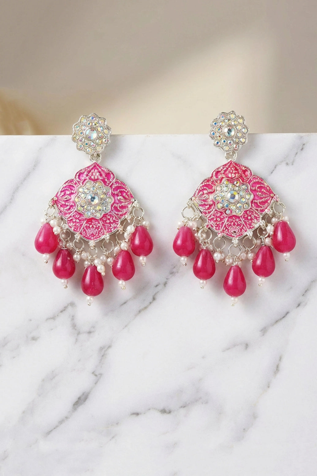 Floral Drop Earrings with Sparkling Multi-Colour Stones and Teardrop Beads - Green/Red/Pink - Pink