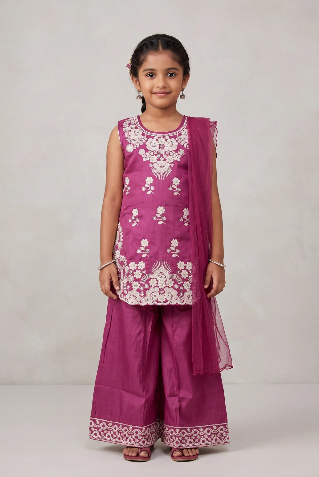Girls Roman Silk 3-Piece Palazzo Set with Floral Detailing, Sleeveless Top & Dupatta (Pista Green/Pink/Purple) - Pink