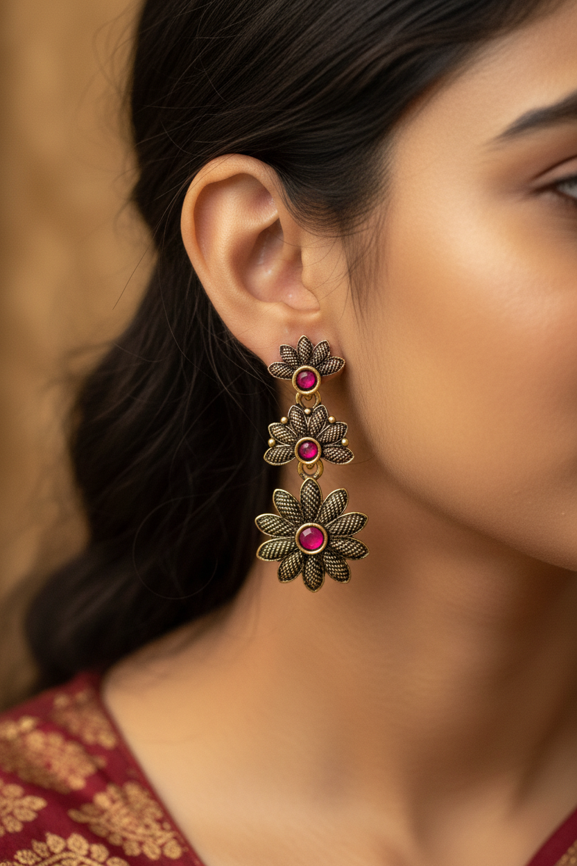 Antique Gold-Tone Floral Drop Earrings with Multi-Colored Stones