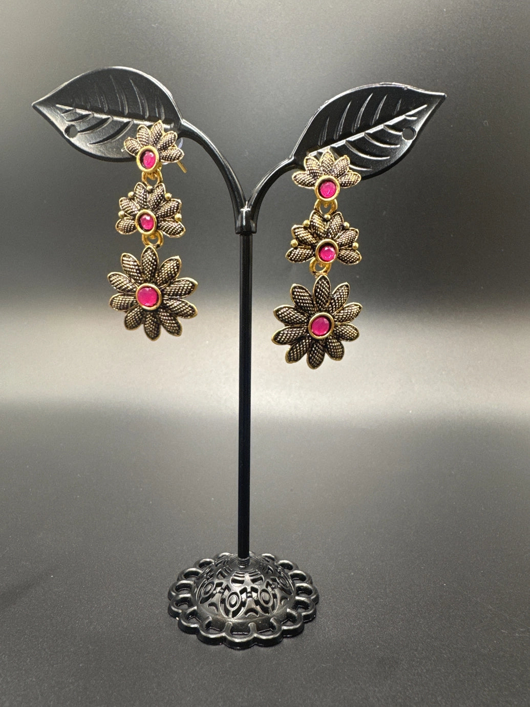 Antique Gold-Tone Floral Drop Earrings with Multi-Colored Stones