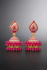Traditional Jhumka Earrings with Dome Design, White Stone Work and Beaded Dangler, Pink & Black Options - Pink