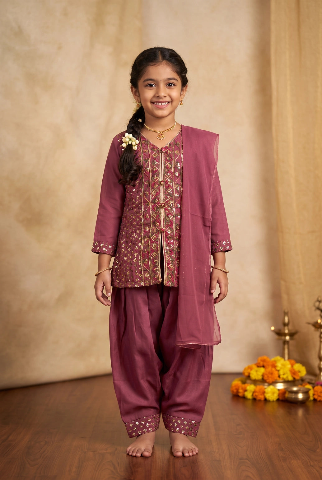 Girls Roman Silk 3-Piece Pakistani Suit Set with Embroidered Kurti, Salwar & Matching Dupatta - Pink