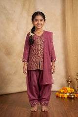 Girls Roman Silk 3-Piece Pakistani Suit Set with Embroidered Kurti, Salwar & Matching Dupatta - Pink