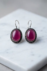 Oxidized Silver-Tone Oval Stone Drop Earrings, Dotted Antique Border, Pastel Green/Pink - Pink
