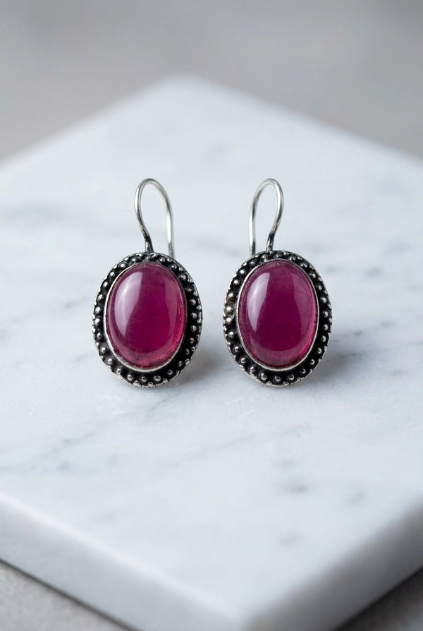 Oxidized Silver-Tone Oval Stone Drop Earrings, Dotted Antique Border, Pastel Green/Pink - Pink