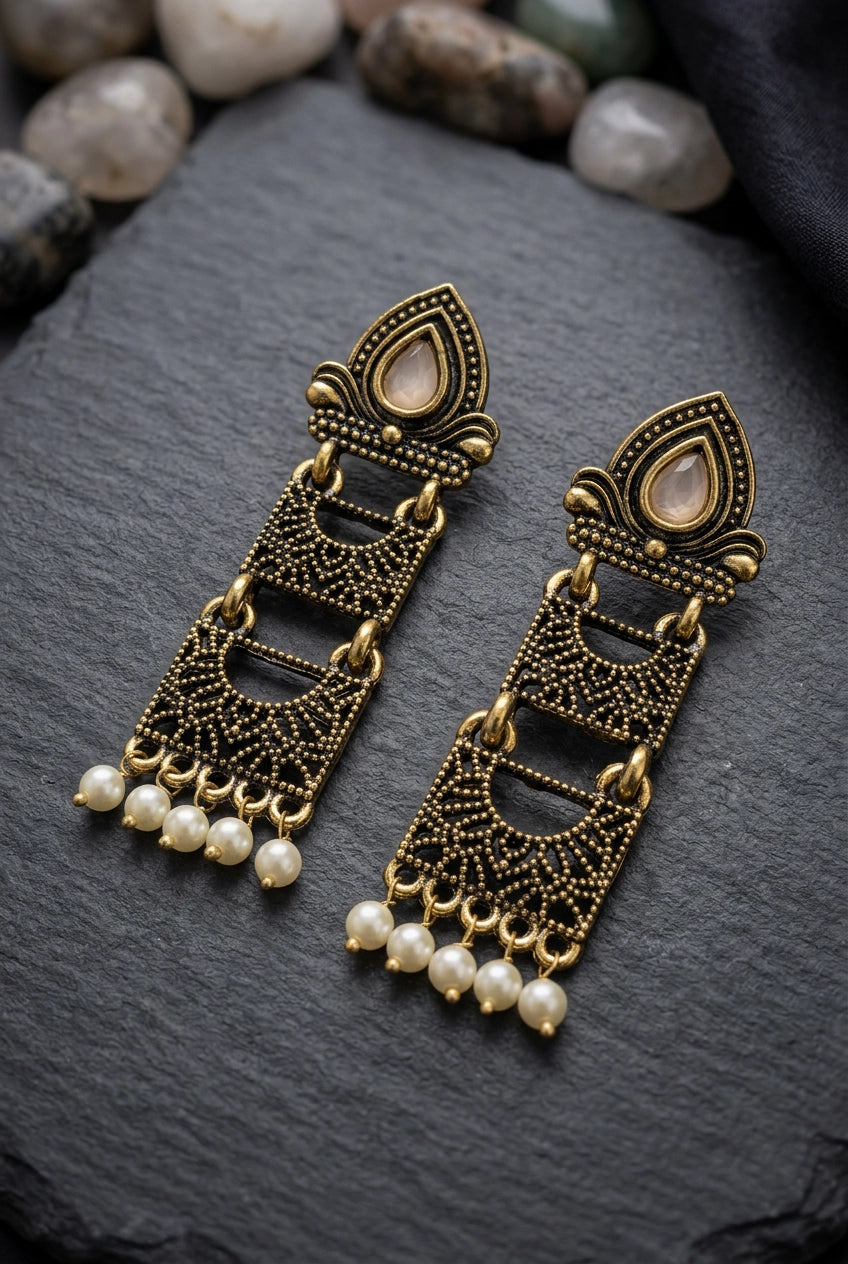Sona Novelty Antique Gold-Tone Traditional Drop Earrings with Pearl Bead Drops, Rectangular Pattern Panels - Pink