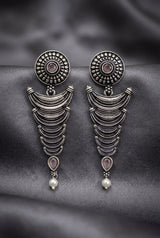 Oxidized Silver-Tone Statement Earrings with Pearl Drop and Teardrop Stones for Traditional Wear - Pink