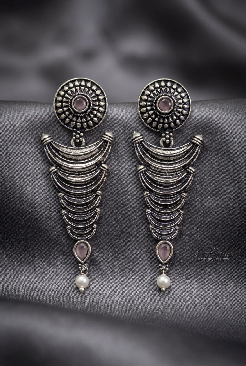Oxidized Silver-Tone Statement Earrings with Pearl Drop and Teardrop Stones for Traditional Wear - Pink