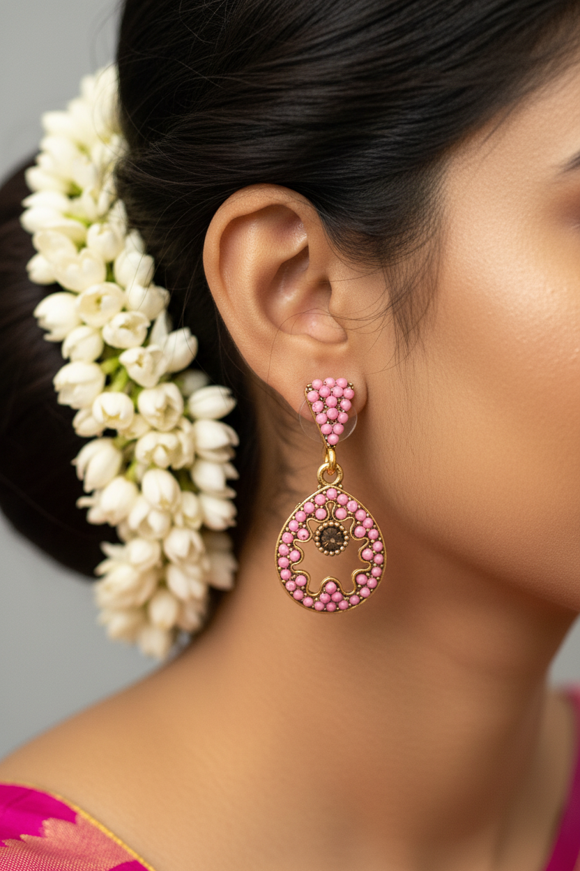 Antique Gold-Tone Circular Drop Earrings with Crystal & Beads