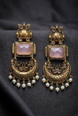Traditional Antique Gold-Tone Statement Earrings with Pearl Drops and Coloured Stones - Pink
