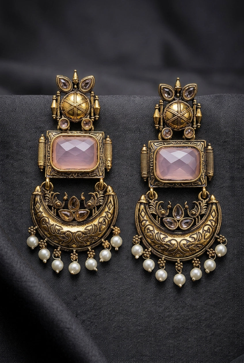Traditional Antique Gold-Tone Statement Earrings with Pearl Drops and Coloured Stones - Pink