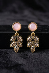 Gold-Tone Floral Drop Earrings with Hanging Leaf Design for Women, Lightweight Statement Earrings - Pink