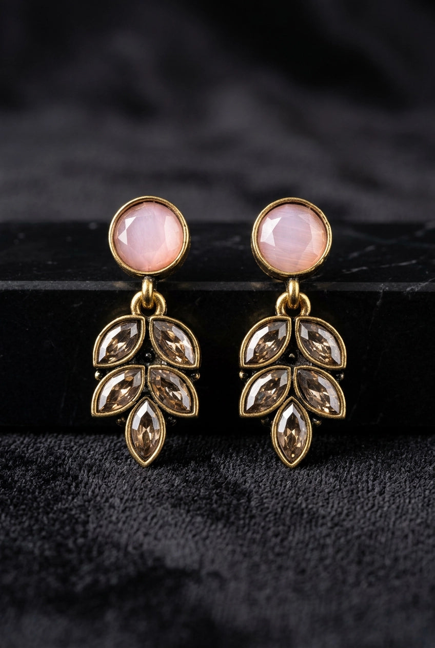 Gold-Tone Floral Drop Earrings with Hanging Leaf Design for Women, Lightweight Statement Earrings - Pink