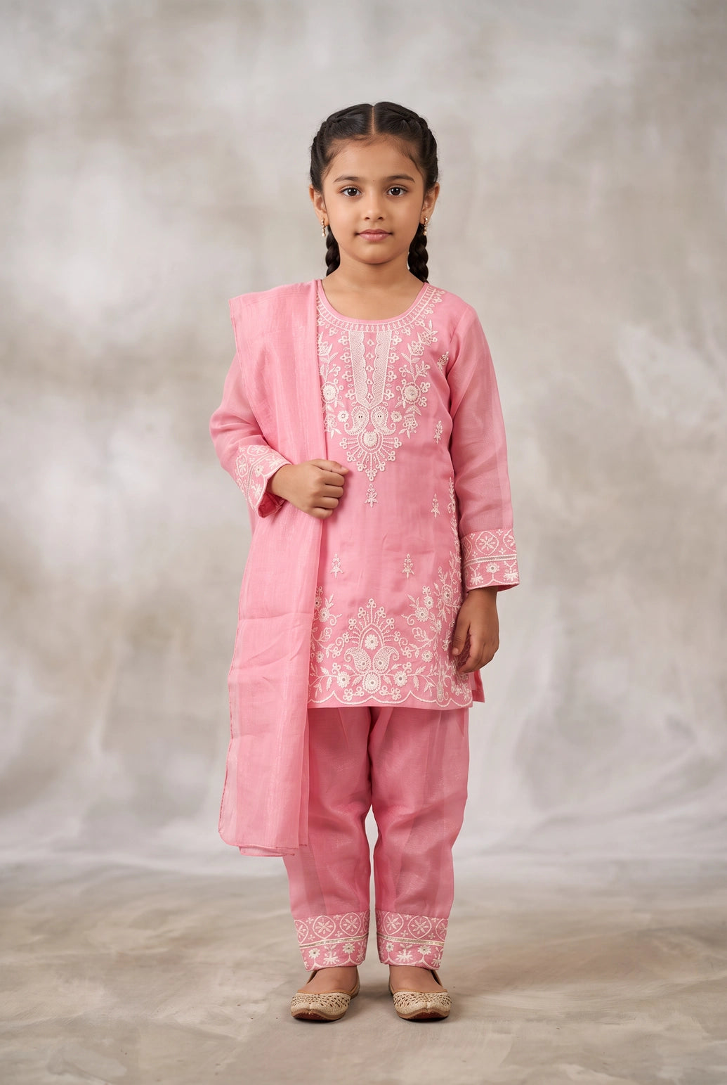 Girls Salwar Suit 3-Piece Set with Embroidered Kurti, Matching Salwar & Dupatta (Lavender/Pink/Pista Green) - Pink