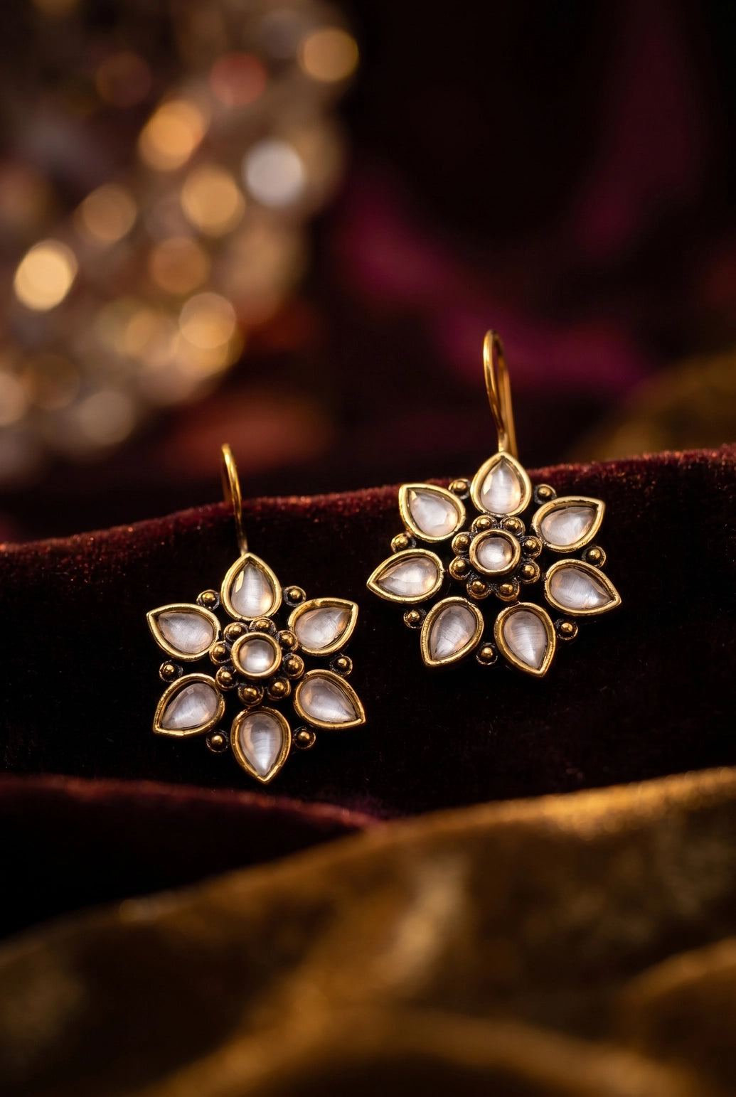 Antique Gold-Tone Floral Teardrop Stone Cluster Hook Earrings for Women - Pink