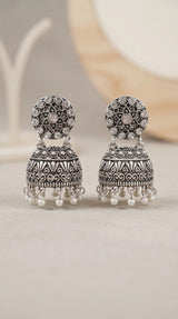 Oxidized Silver-Tone Jhumka Earrings with Studded Stones and Pearl Drops - Pink
