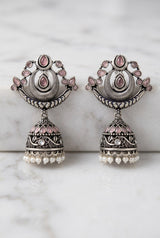 Oxidized Silver Traditional Jhumka Earrings with Crescent Top, Teardrop Stones & Pearl Tassels - Pink