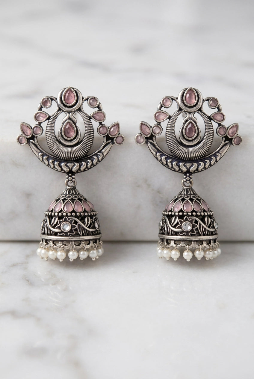 Oxidized Silver Traditional Jhumka Earrings with Crescent Top, Teardrop Stones & Pearl Tassels - Pink