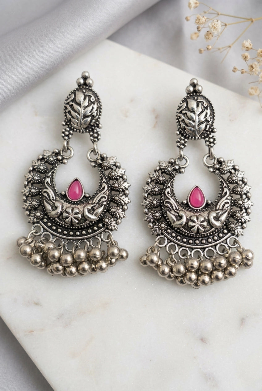 Oxidized Silver-Tone Crescent Jhumka Earrings with Floral Motifs & Beaded Drops, Red/Pink Stone - Pink